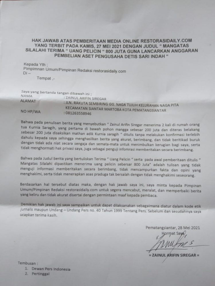 Hak Jawab Zainul Arifin Siregar