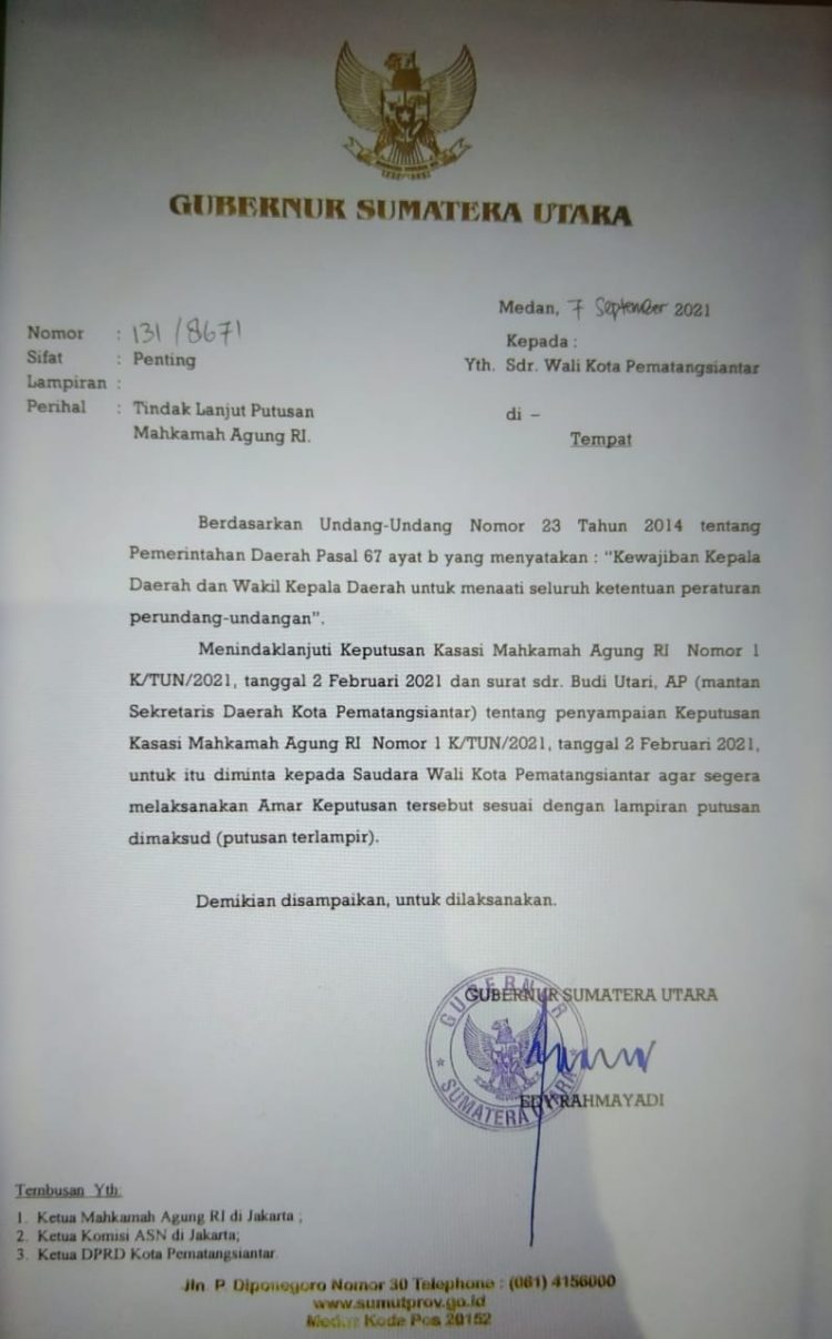 Gubsu Surati Wali Kota Pematangsiantar untuk Laksanakan Keputusan Kasasi Mahkamah Agung RI