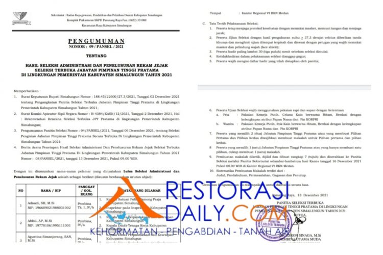 Seleksi Jabatan Tinggi Pratama Kabupaten Simalungun “Berbau” KKN. Bupati dan Wakil Bupati Diduga Berbagi Jatah Jabatan Eselon II