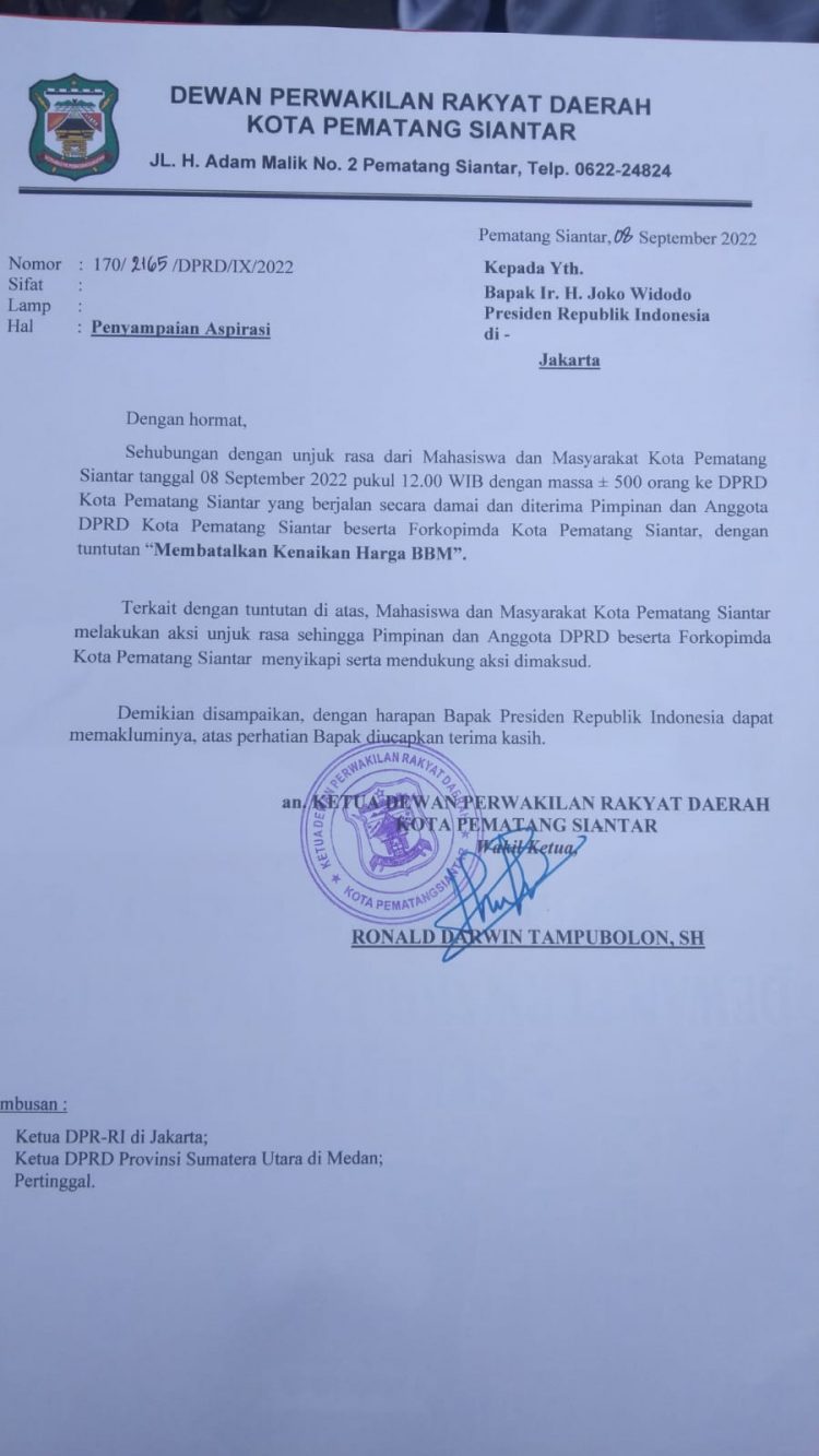 Dukung Demo Tolak Kenaikan Harga BBM, Forkopimda Pematang Siantar “Keok” di Tangan Mahasiswa