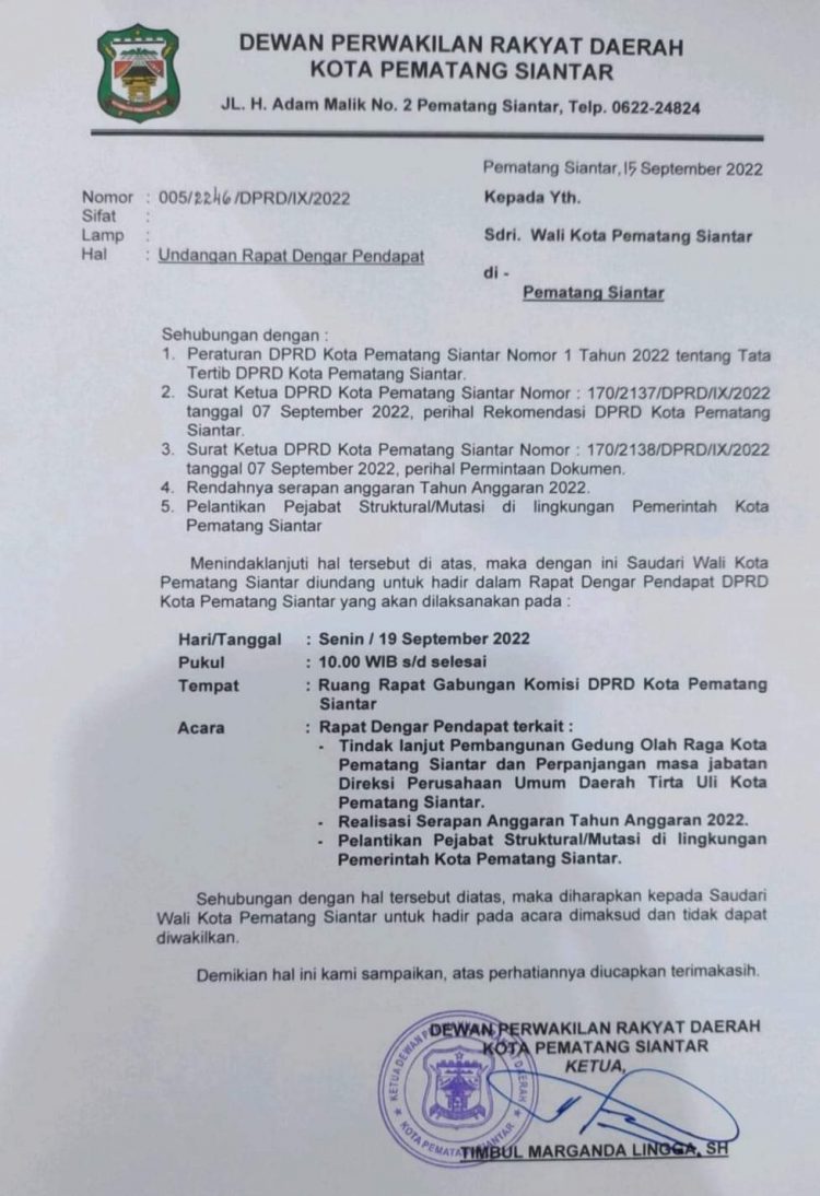Untuk Ke Dua Kalinya, Susanti Dewayani Diundang RDP Soal Bangunan GOR dan Mutasi Pejabat Pemko Pematang Siantar