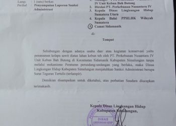 Tanpa Perubahan Izin Lingkungan di Lahan Perkebunan Bah Butong, Dinas Lingkungan Hidup Kabupaten Simalungun Minta Manajemen PTPN IV Mencabut Tanaman Sawit