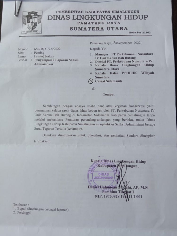 Tanpa Perubahan Izin Lingkungan di Lahan Perkebunan Bah Butong, Dinas Lingkungan Hidup Kabupaten Simalungun Minta Manajemen PTPN IV Mencabut Tanaman Sawit